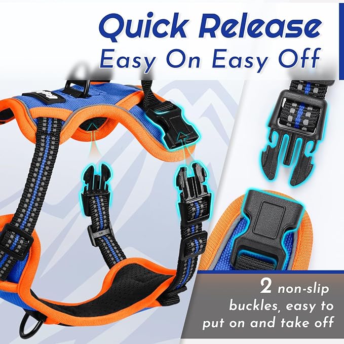 Eagloo Dog Harness for Large Dogs, No Pull Service Vest with Reflective Strips and Control Handle, Adjustable and Comfortable for Walking, No Choke Pet Harness with 2 Metal Rings, Blue & Orange, L