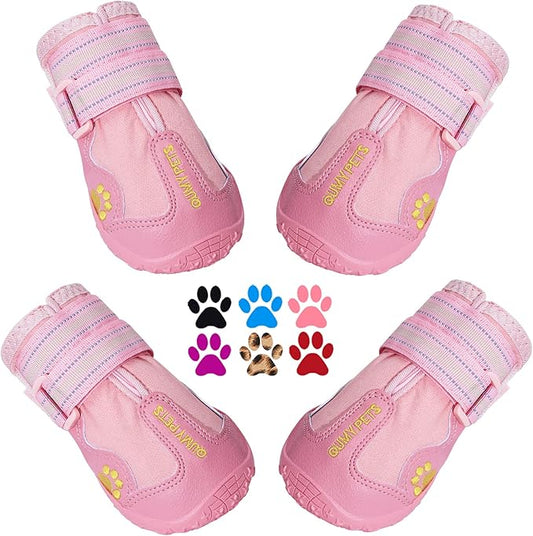 QUMY Dog Shoes for Large Dogs, Medium Dog Boots & Paw Protectors for Winter Snowy Day, Summer Hot Pavement, Waterproof in Rainy Weather, Outdoor Walking, Indoor Hardfloors Anti Slip Sole Pink 4