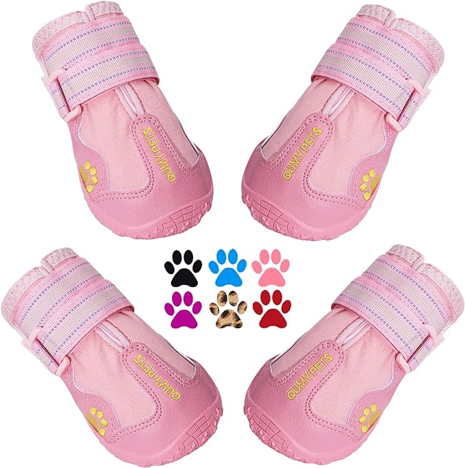 QUMY Dog Shoes for Large Dogs, Medium Dog Boots & Paw Protectors for Winter Snowy Day, Summer Hot Pavement, Waterproof in Rainy Weather, Outdoor Walking, Indoor Hardfloors Anti Slip Sole Pink 8