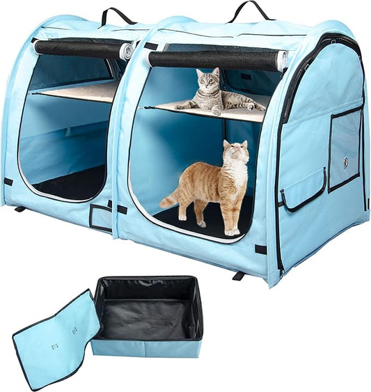 Mispace Portable Twin Compartment Show House Cat Cage/Condo - Easy to Fold & Carry Kennel - Comfy Puppy Home & Dog Travel Crate with Portable Carry Bag/Two Hammocks/Mats and Collapsible Litter Box