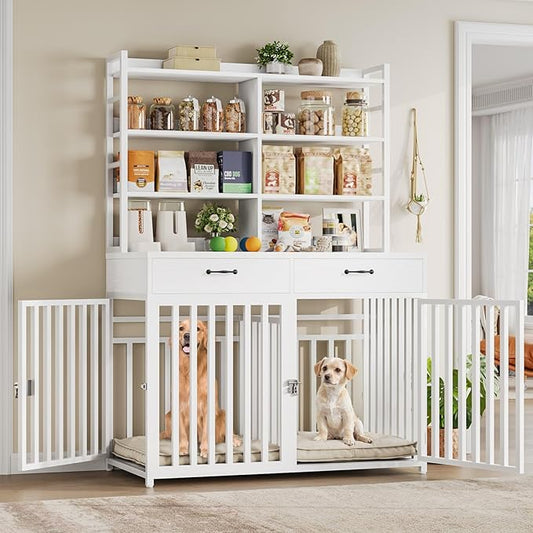 Keyluv 71''H x 47.2''W Large Dog Crate Furniture with 4-Tier Shelves and 2 Storage Drawers, Heavy Duty Dog Cage Furniture with 2 Doors, Wood & Metal Dog Kennel Indoor for Small/Medium/Large Dog, White