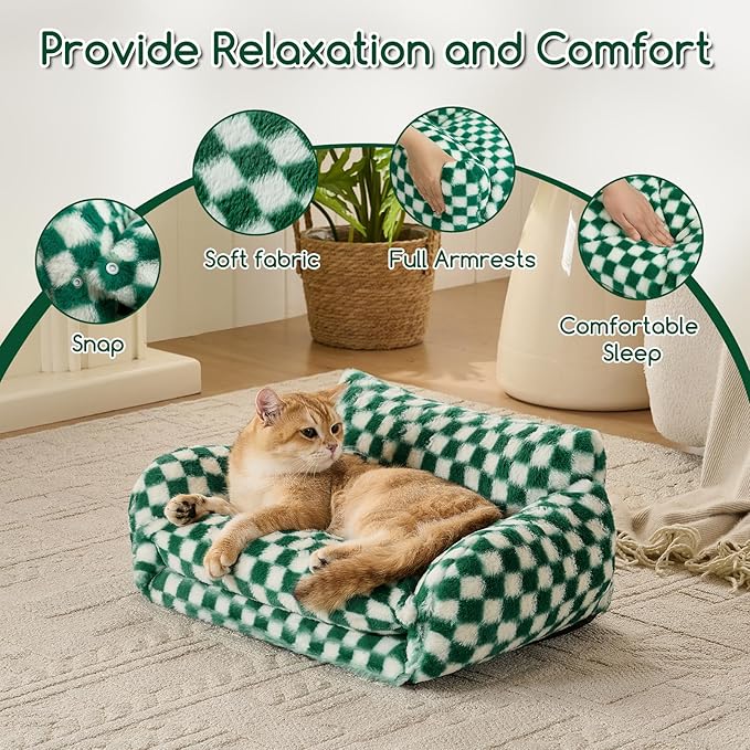 Hollypet Cat Bed Fluffy Plush Mutifuctional Double-Layer Soft Pet Couch Orthopedic Sofa Nest Beds for Small Cats and Dogs, Forest Green and White (21x15x8 inch)