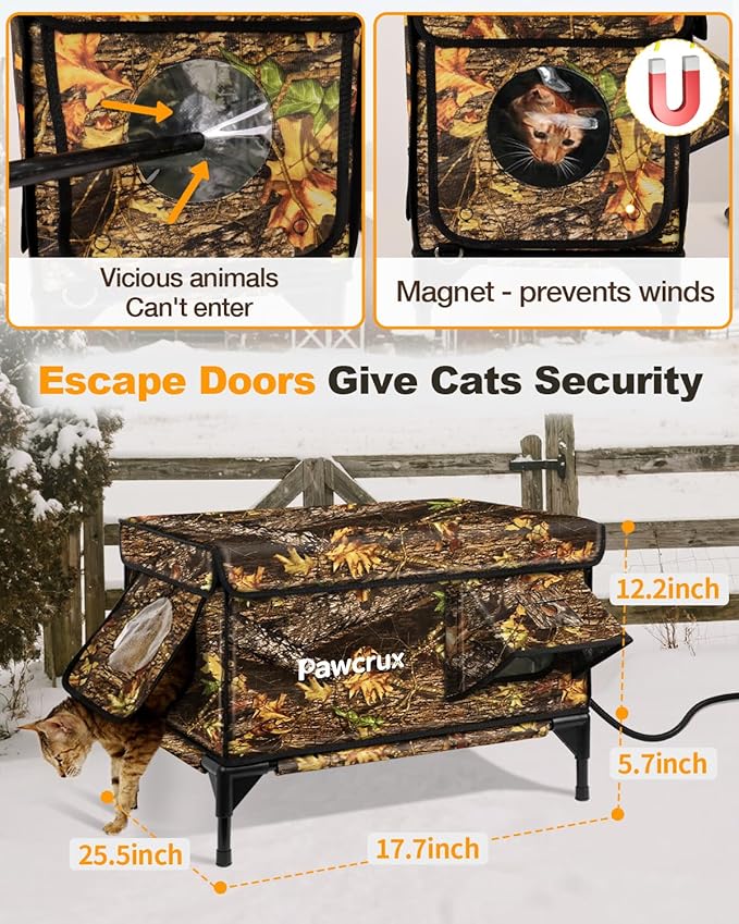 Heated Cat House for Outdoor in Winter, Insulated & Safe Escape Door & Waterproof Heated Cat Bed Shelter with Heating Pad, Warm Home for Outside Feral Barn Stray Kitty(Leaf Color, 17"x25"x17")