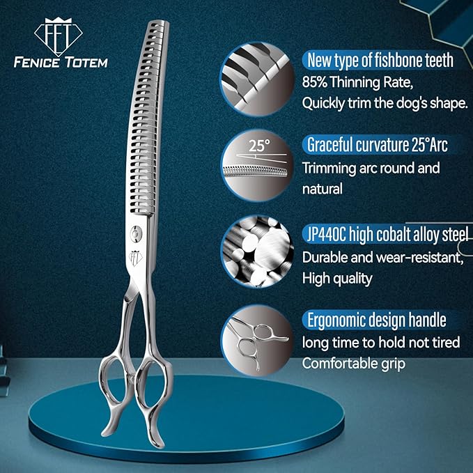 Professional Dog Grooming Scissors, 85% Thinning Rate, 25° Curved Blade, JP440C Steel, 7.0" Ergonomic Handle