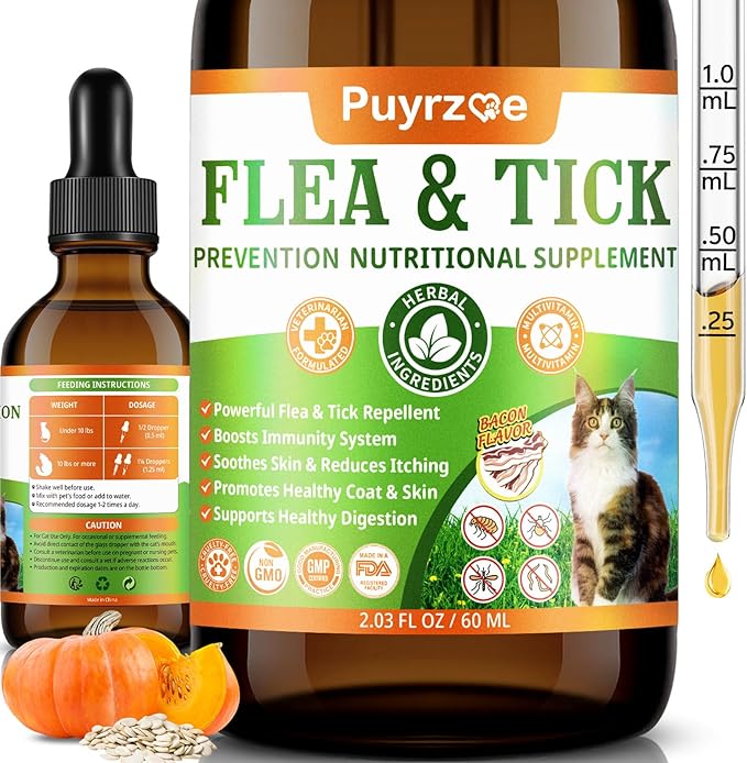 Natural Flea and Tick Prevention for Cats, 60 ML Herbal Formula with Multivitamins, Pumpkin Seed, Flea Treatment for Cats Kittens Supplement Drops - Immune, Skin & Coat Support