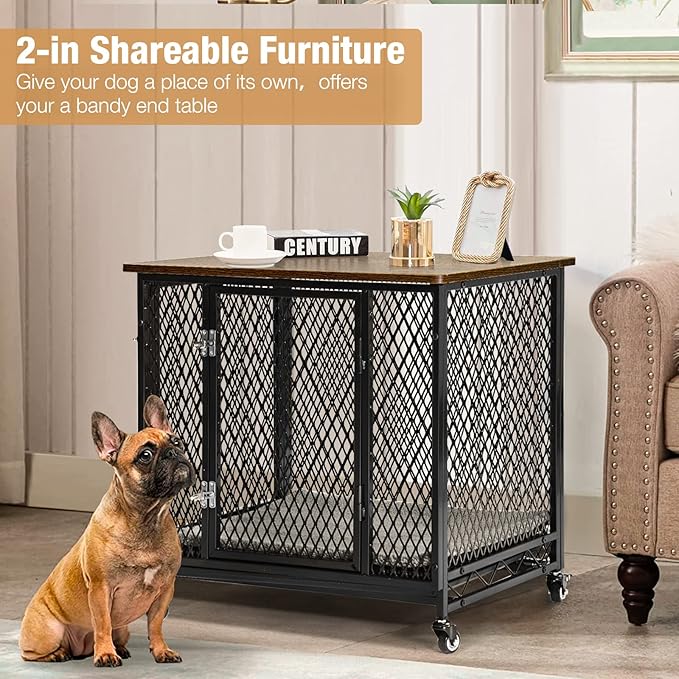 Dog Crate Furniture with Cushion, Wooden Dog Crate Table, Modern Kennel for Dogs Indoor, Heavy-Duty Dog Cage with Multi-Purpose Removable Tray, 27.2" L