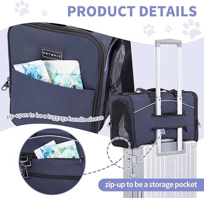 ‌Petsfit Airline Approved Pet Carrier for Small Cats, 15x8x10 TSA Approved Carrier, with Removable Dual-Sided Padding (2-Way Placement) - Fits Under Most Airplane Seats, Escape Proof (Navy)