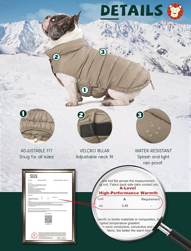 SPACE LION Puffer Jacket, Down Winter Coat, Durable Outdoor Coat for Cold and Windy Conditions, Waterproof, Windproof, Lightweight Jacket, Adjustable Fit for Small Dogs(Khaki,XS)