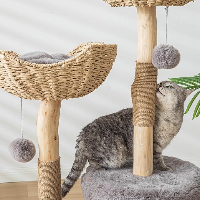 Modern Cat Tree for Indoor Cats Large Adult, 46" Tall Wooden Cat Tower for Large Cats with Scratching Post, Luxury Cat Condo, Grey
