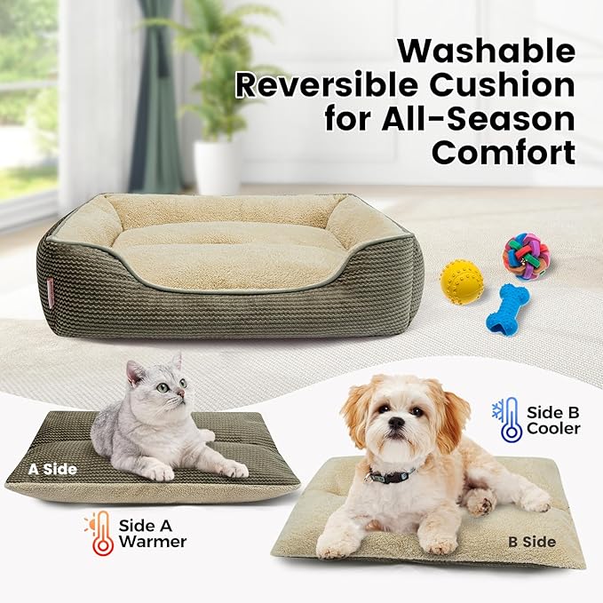 Miguel Dog Bed with Removable Cushion/Pillow for Medium Small Dogs, Washable Pet Bed with Side Easy to Wash Puppy Bed, Large Rectangle Cat Bed for Indoor Cat with Anti-Slip Bottom, Khaki 25 Inch