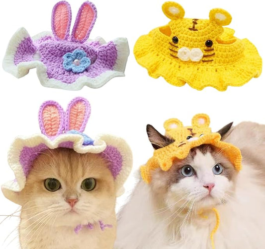 2Pcs Cute Knitted Hat for Cat, Funny Bunny Crochet Hats for Cats Guinea Pig Small Dog Rabbit, Pet Cat Costume for Birthday Party Christmas Halloween, Bunny Costume Accessories (Rabbit, Tiger)