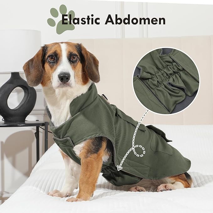 Workwear Style Dog Coats with Harness Built in for Small Dogs Windproof Warm Puppy Jacket with Storage Pockets for Cold Winter,Green M