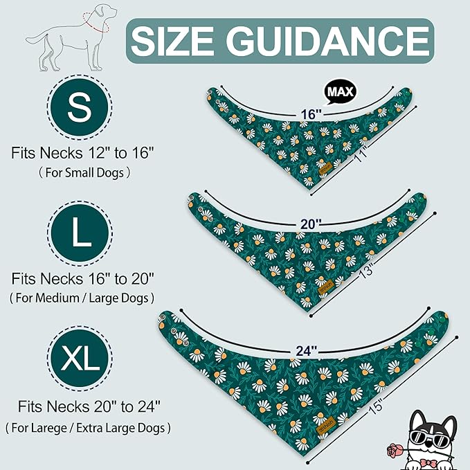 Spring Dog Bandanas with Snap Button, 2 Pack Floral Dog Scarf for Boy & Girl, Durable Fabric, Adjustable Fit, Unique Shape, Gift for Dogs, Daisy Bandana for Large and Extra Large Dogs (X-Large)