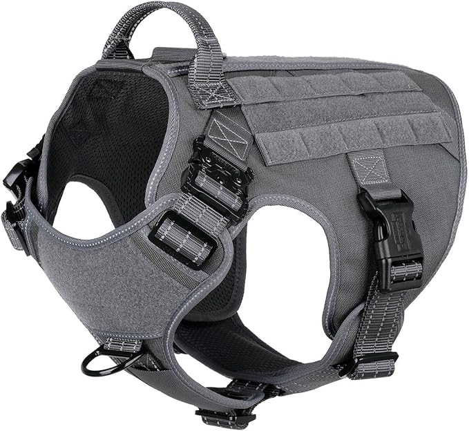 ICEFANG Tactical Dog Harness, Large Size,2X Metal Buckle,Working Dog MOLLE Vest with Handle,No Pulling Front Leash Clip,Hook and Loop Panel (Grey,L (Pack of 1))