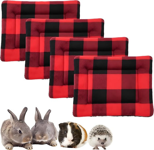 Haull 4 Pcs Waterproof Guinea Pig Bedding Winter Guinea Pig Bed Plush Cage Liners Soft Dog Cat Mat Reversible Winter Cozy Animal Pee Pad Hamster Bed Mat for Bunny (Red Black Plaid,13 x 10 Inch)