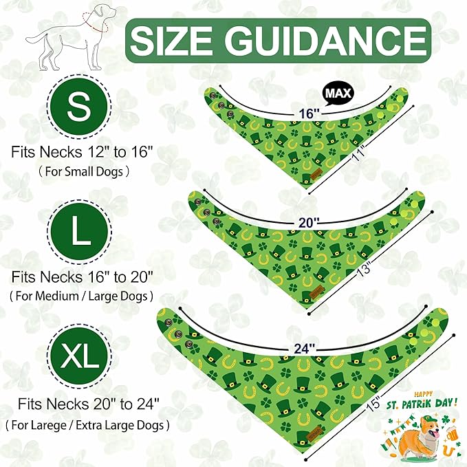 St. Patrick's Day Dog Bandanas with Snap Button, 2 Pack Reversible Shamrock Dog Scarf for Boy & Girl, Premium Durable Fabric, Gift for Dogs, Holiday Bandana for Medium and Large Dogs (Large)