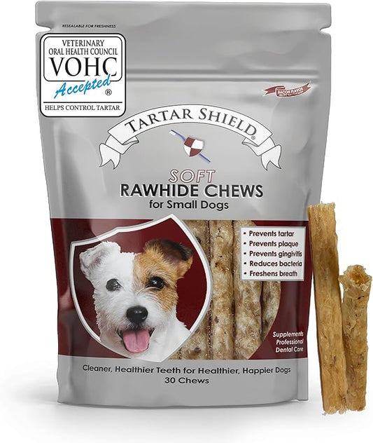Tartar Shield Soft Rawhide Chews | Safe Dental Treats for Small Dogs | Vet VOHC Approved | Daily Bone Cleans Teeth & Gums Fresh Breath Oral Health Support | USA Made | (Small Dogs / 30 Count)