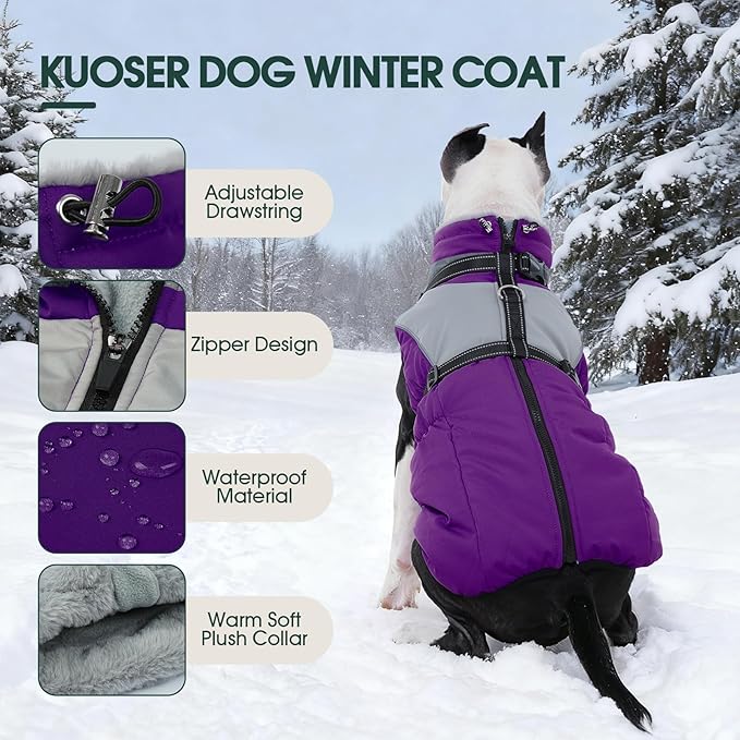 Kuoser Dog Coat, 2 in 1 Dog Jacket with Harness Built in, Winter Waterproof Puppy Puffer Jacket Snowsuit for Small Medium Large Dogs, Cold Weather Reflective Pet Fleece Vest with Zipper