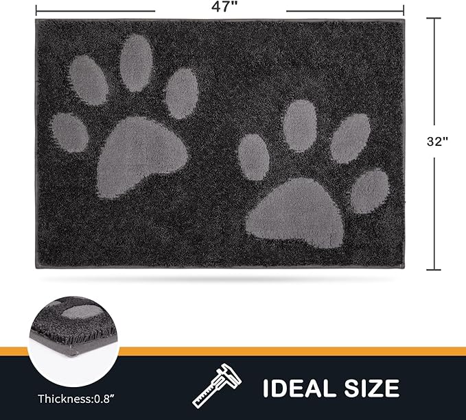 PURRUGS Dirt Trapping Door Mat 32" x 47", Non-Skid/Slip Machine Washable Microfiber Entryway Rug, Dog Doormat, Super Absorbent Welcome Mat for Muddy Wet Shoes and Paws, Charcoal