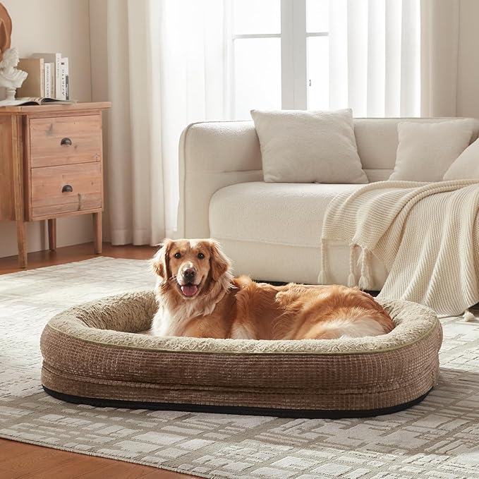 JOEJOY Orthopedic Dog Bed for Large Dogs, Egg-Crate Memory Foam Pet Bed with Bolster Sides, Waterproof Lining, Removable Washable Cover & Non-Slip Bottom, Brown
