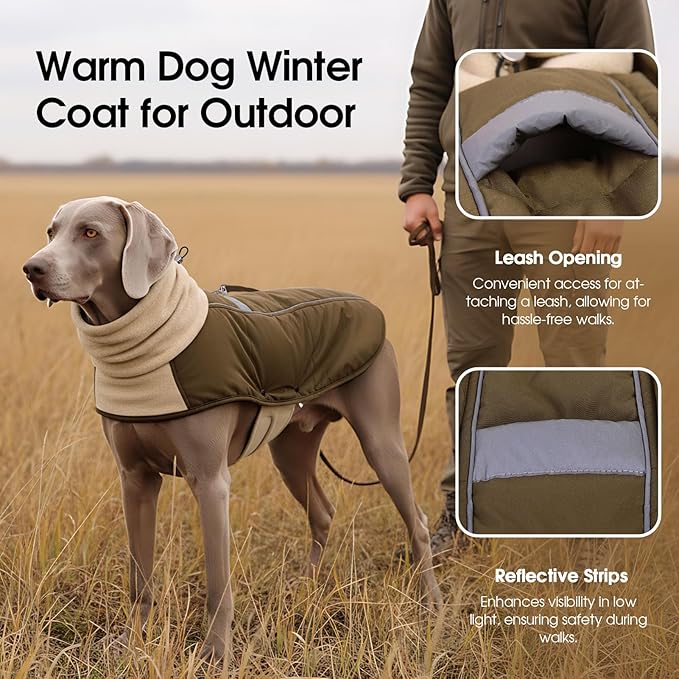 ASENKU Dog Coat, Dog Winter Jackets with Fleece Turtleneck, Windproof, Reflective Pet Snow Jacket for Cold Weather, Coats for Extra Large Size Dogs Army Green, XXXL
