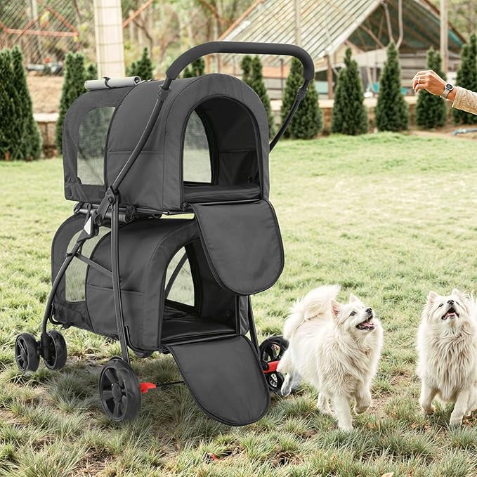 MoNiBloom Double Dog Stroller with Detachable Carrier Bags Large 4 Wheels Foldable Jogger for Small and Medium Dog Cats, Black/Gray