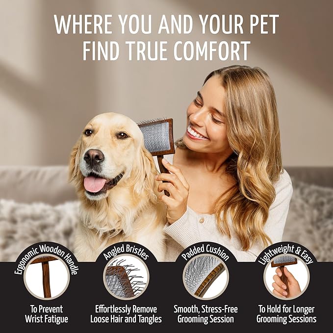 Tauro Pro Line Wooden Deshedding Dog Brush for Long Goldendoodle, Labradoodle & Poodle Hair - Brown Slicker Brush for Dog & Cat Grooming - Square Flexible Cushion & Non-Slip Grip, L