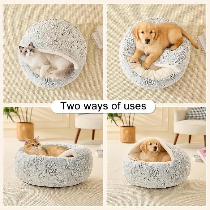Calming Dog Beds & Cat Cave Bed with Hooded Cover,Removable Washable Round Beds for Small Medium Pets,Anti-Slip Faux Fur Fluffy Coved Bed for Improved Sleep,Fits up to 15/25 lbs(Rose,M)