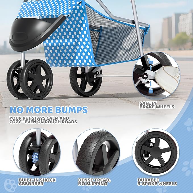 Magshion 3-Wheel Pet Stroller, Foldable Travel Jogger for Small & Medium Dogs & Cats (Up to 33lbs), Lightweight Carrier with Breathable Mesh Cover, Cup Holder & Storage Basket, Sky Blue Polka Dots