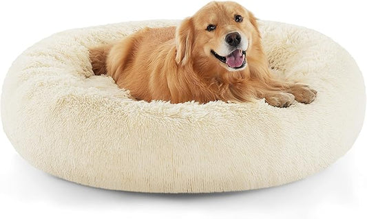 Bedsure Calming Dog Bed for Extra Large Dogs - Donut Washable Large Pet Bed, Anti-Slip Round Fluffy Plush Faux Fur Dog Bed, Fits up to 120 lbs Pets, Ivory Beige, 45 inches