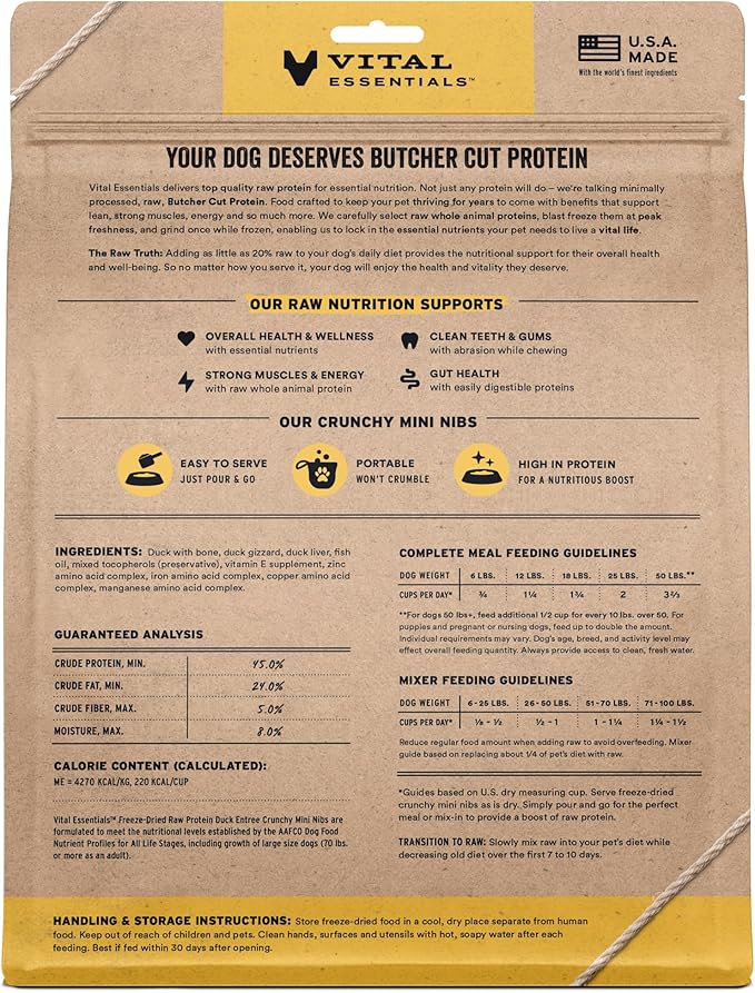 Vital Essentials Freeze-Dried Raw Duck Meal or Mixer Dog Food Crunchy Mini Nibs, 25 oz