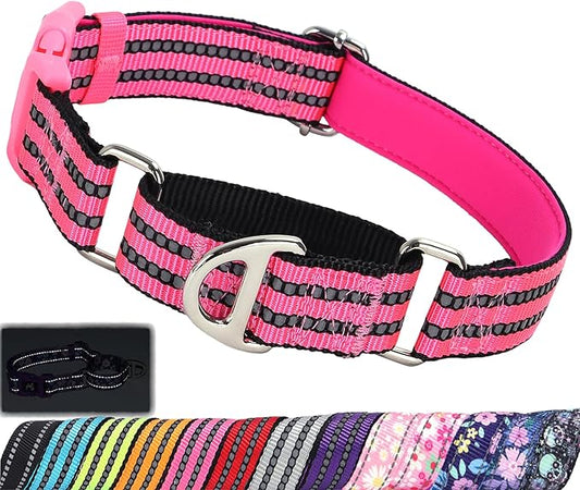 Martingale Collar for Dogs -Reflective Nylon Heavy Duty No Slip Choke Dog Collar with Padded Comfort Quick Release Buckle for Training, Walking & Overexcited Pulling Pink L