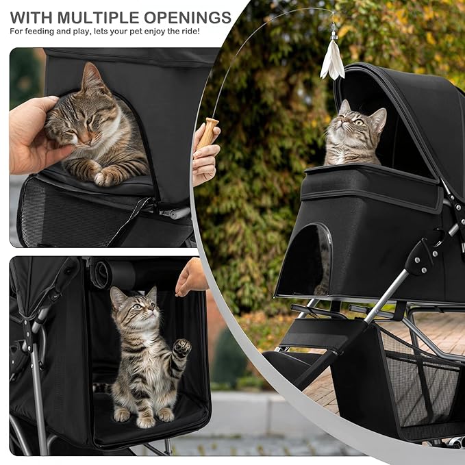 MoNiBloom Foldable Pet Stroller with Weather Cover, 3 Wheels Pet Strolling Cart for Small/Medium Dogs and Cats with Storage Basket and Cup Holder, Breathable and Visible Mesh for All-Season, Black