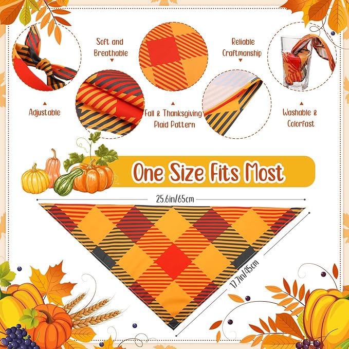 Sweetude 60 Pcs Fall Dog Bandanas Bulk Plaid Bandanas for Dogs Autumn Thanksgiving Pet Scarf Bibs Adjustable Triangle Scarves Costume Accessories Grooming Supplies for Small Medium Large