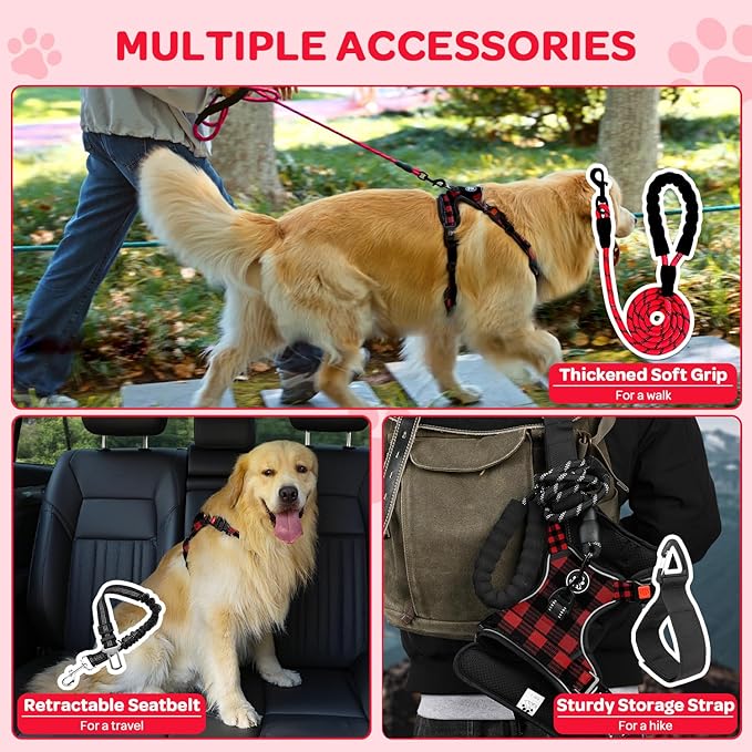 FURRYFECTION Plaid Dog Harness for Large Dogs | No Pull Reflective Pet Harness | No Choke Adjustable Dog Vest Harnesses | with Leash | Easy Control Handle | Front Lead | Seat Belt | Red&Black | L