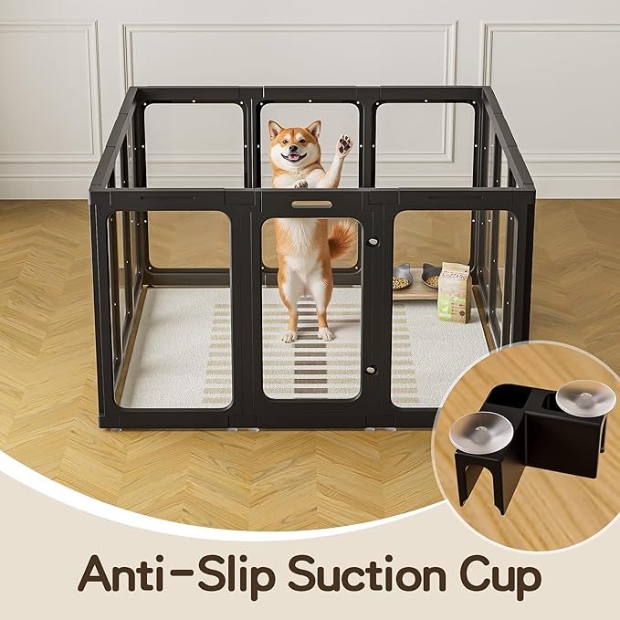 Jalove Clear Acrylic Dog Playpen Indoor, 12 PCS Plastic Puppy Playpen with Door, Cat Rabbit Ferret Pet Play Pen, Easy Assemble Dog Fence Crate Kennel Whelping Cage Enclosure for Small Dogs, Black