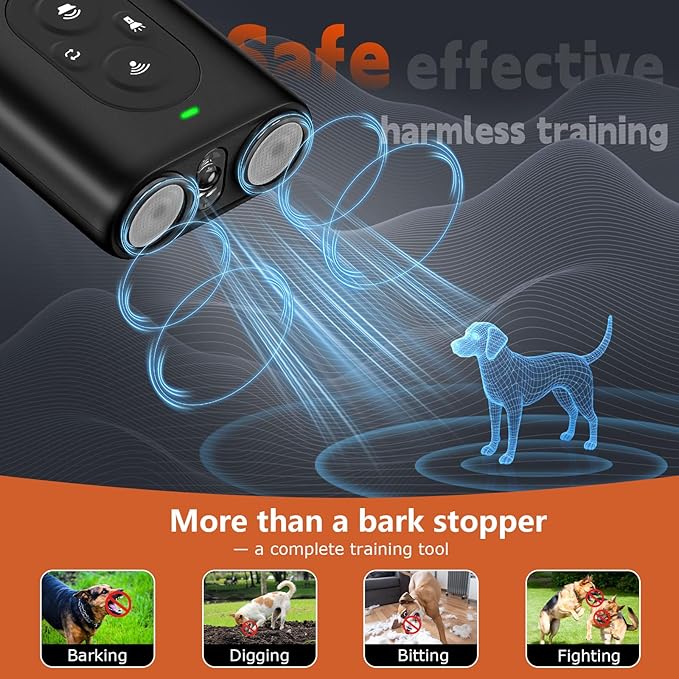 Dog Bark Deterrent Devices, Anti Barking Device for Dogs with Dual Emitters, 35 ft Range, LED Flashlight, Rechargeable Handheld Trainer, Safe & Effective, Stop Neighbors Dog