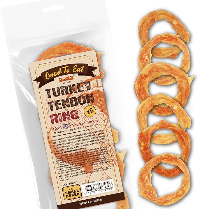 Gootoe Turkey Tendon Dog Treats, Ring (S) 6 Pieces per Pack, USA-Sourced Turkey Tendon, Natural Snack, Premium Puppy Chews, Hypoallergenic, Reseal Value Bags, Size for Small Dogs