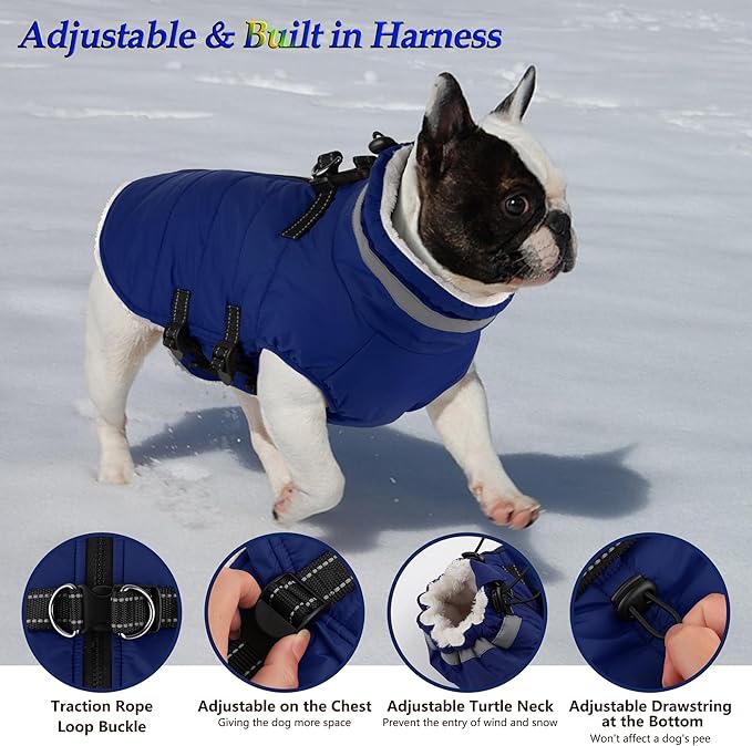 Dogcheer Dog Coat, Waterproof Dog Jacket with Harness, Reflective Adjustable Puppy Winter Coat with Zipper, Christmas Snow Jacket Clothes for Small Medium Large Dogs - Blue M