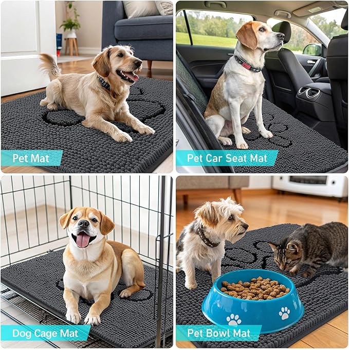 OLANLY Dog Door Mat for Muddy Paws 36x24, Paw Print Design, Absorbs Moisture and Dirt, Non-Slip Washable Doormat, Quick Dry Chenille Mud Mat, Entry Indoor Entryway Carpet, Dark Grey and Black