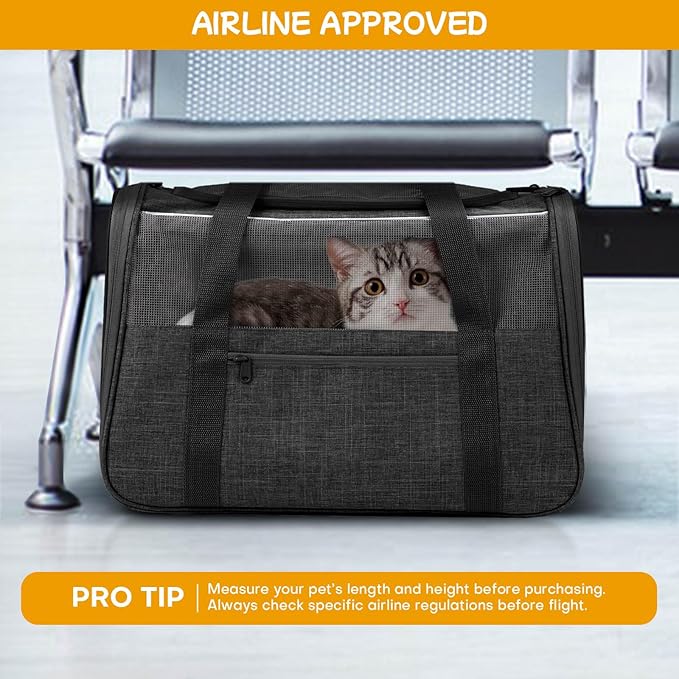 Cat Carrier Soft-Sided for Large Cats, Dog Carriers for Small Dogs, Airline Approved Pet Travel Carrier for Cats Puppies up to 16Lbs with Safety Zippers Foldable Bowl, 18x12.5x14.2, Black