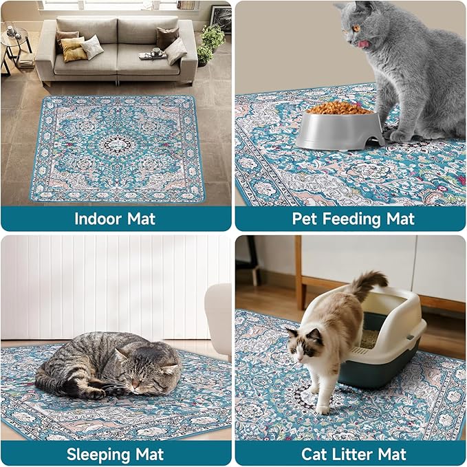 Cat Litter Mat, Reusable Kitty Litter Trapping Mat 2 PCs, 24"x18" Washable Litter Mats for Cats, Waterproof & Non-Slip Compatible with Cat Box (Lake Blue Medallion, 24"x18"(2 PCS))