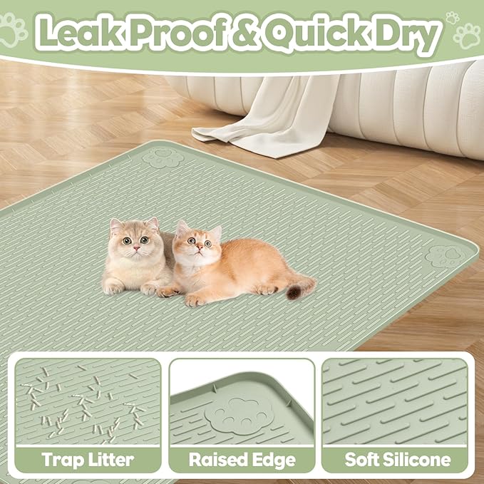 Cat Litter Mat, Extra Large 34" x 22" Silicone Mat Litter Trapping Mat for Scatter Control, Soft on Kitty Paws, Easy to Clean (Light Green)