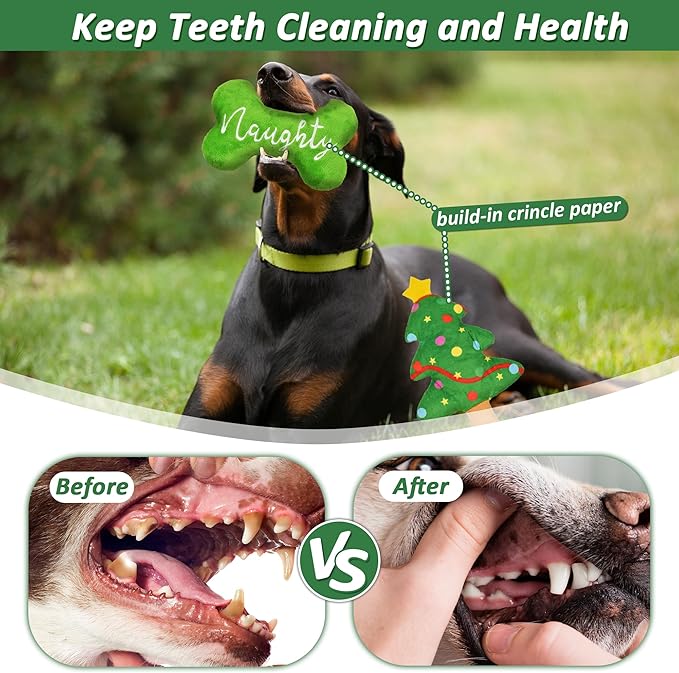 Christmas Dog Toys, 4pcs Stuffed Dog Squeaky Toys for Teething and Chewing, Tough Xmas Gift Toy Bundle Santa Toys for Small Large Dogs Puppy