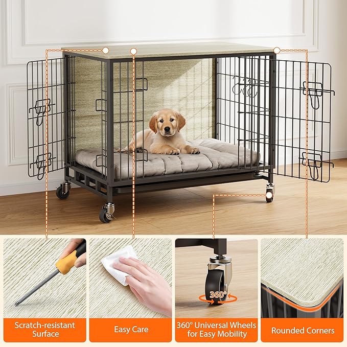 Dog Crate Furniture, 38.6" Wooden Dog Crate with Double Doors, Dog Furniture, Large Dog Kennel Indoor End Table for Large Dogs, Rustic Brown