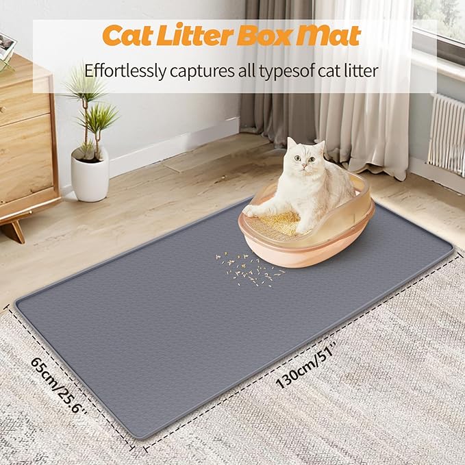 Cat Litter Mat, Extra Large 51" x 25.6" Silicone Mat Litter Trapping Mat for Scatter Control, Soft on Kitty Paws, Easy to Clean (Dark Grey)
