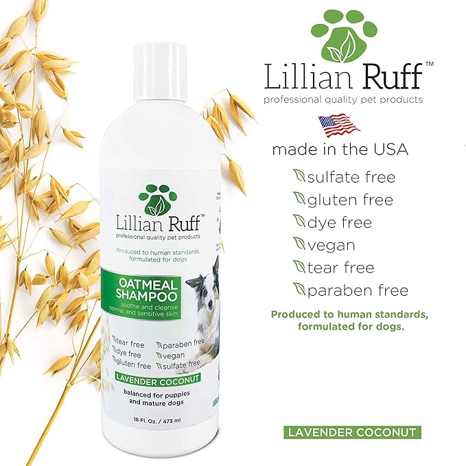 Lillian Ruff PRO Formula Deodorizing Oatmeal Dog Shampoo - Calms Itching & Allergies, Ultra-Nourishing Dry Skin Relief - Oatmeal, Aloe, Coconut Oil, Lavender & Provitamin B5 - Made in USA (16oz)