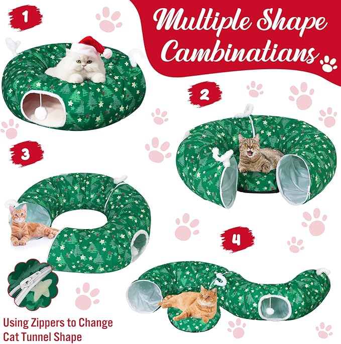 Christmas Cat Tunnel Bed with 8 Cat Toys Fluffy Plush Dog Tunnel Bed with Washable Cushion and Dangling Balls 3FT Multifunctional Playground for Small Medium Large Rabbit(Tree,Green)