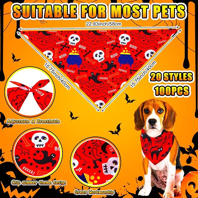 100 Pcs Halloween Dog Bandanas Bulk Pumpkin Black Cat Skull Dog Bandanas Adjustable Pet Bibs Triangle Scarf Halloween Holiday Costume for Small Medium Pet Puppy