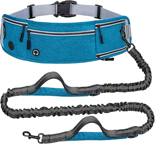 Waist Dog Hands Free Dogs Leash, Waist Running Leash with Zipper, Walking Pouch for Dog Walking, Reflective Dual Padded Handles Bungee Retractable Running for Medium to Large Dogs (Blue)